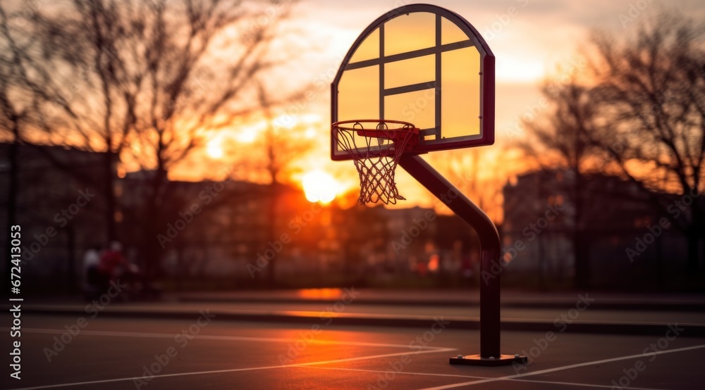 basketball hoop at the court at sunset