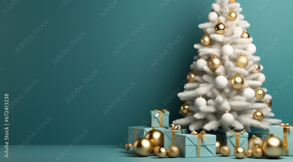 hristmas tree with golden, blue and white ornaments and presents on turquoise background