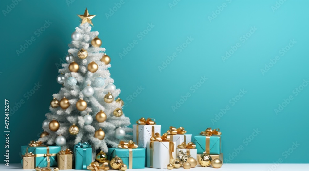 hristmas tree with golden, blue and white ornaments and presents on turquoise background