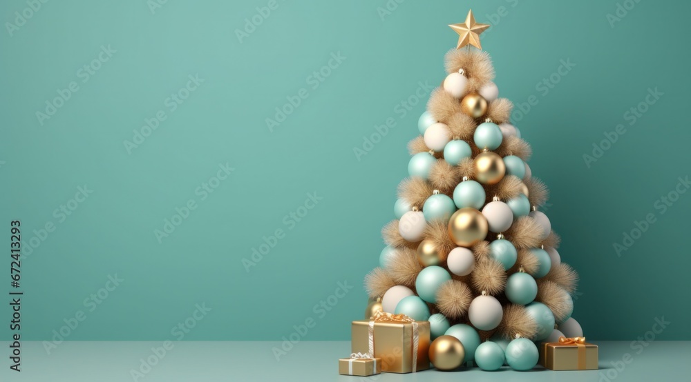 hristmas tree with golden, blue and white ornaments and presents on turquoise background