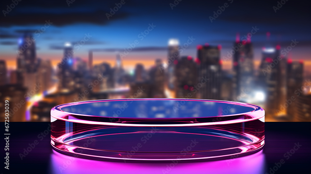 empty neon glass round podium on sky city background for presentation, Empty showcase for cosmetic product presentation, promotion sale, 3d podium