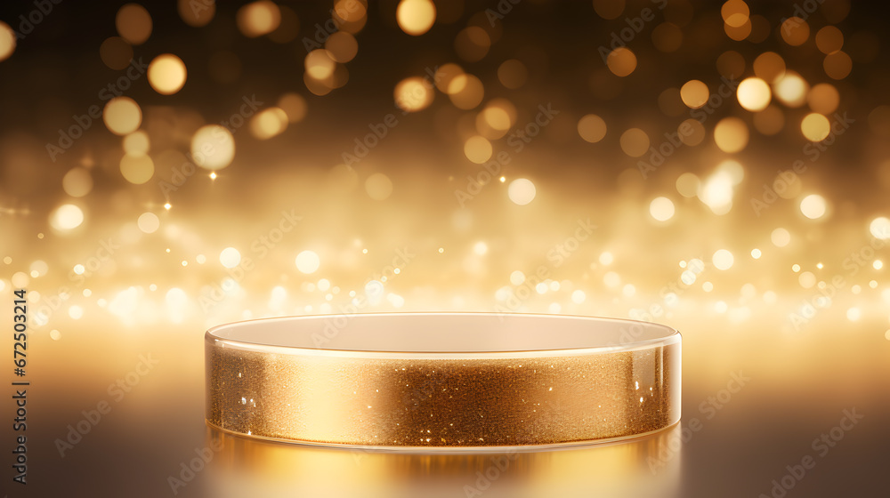  empty golden glass round podium for presentation  on blur background,  Empty showcase for cosmetic product presentation, promotion sale.Christmas podium, 