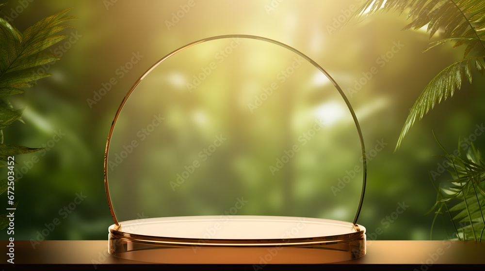 Christmas podium stand with circle transparent glass backdrop in tropical forest for product presentation and green wall, 3d podium