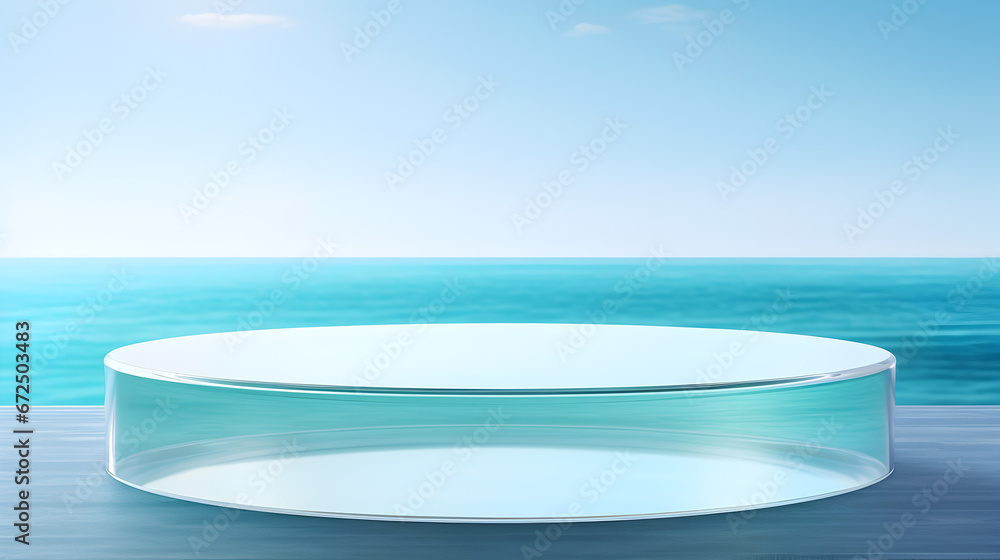  circle transparent glass podium in beach and blue sky for product presentation and green wall, 3d podium