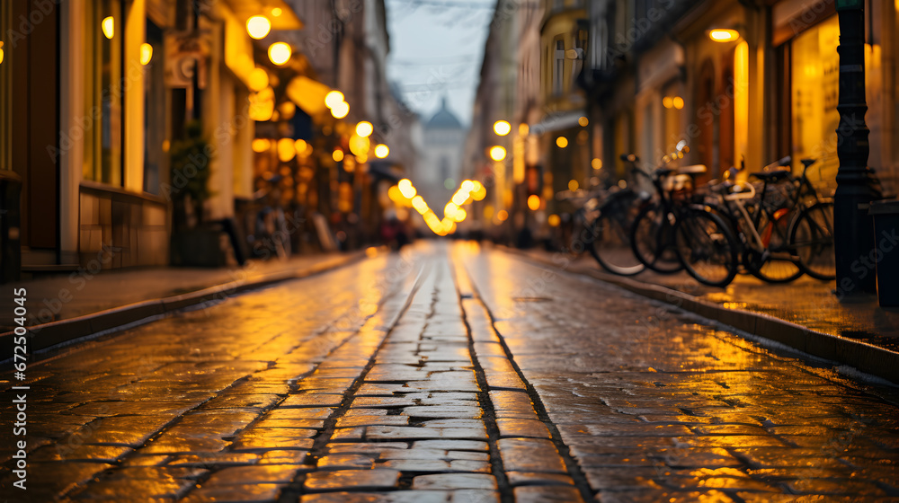 bicycle lane in a bustling city, emphasizing alternative and eco-friendly modes of transportation. arafed view of a wet street with a bicycle on the sidewalk