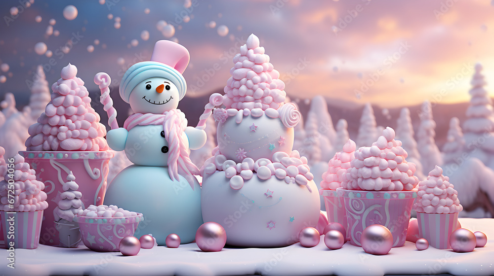 happy snowman on the snow with pink hat, happy snowman and candy in winter secenery 