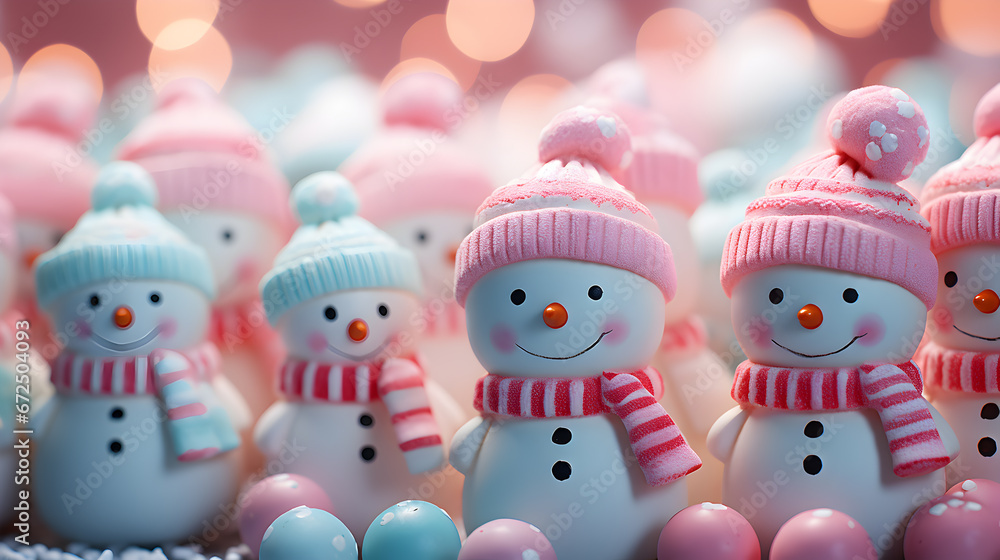 happy snowman on the snow with pink hat, happy snowman and candy in winter secenery 