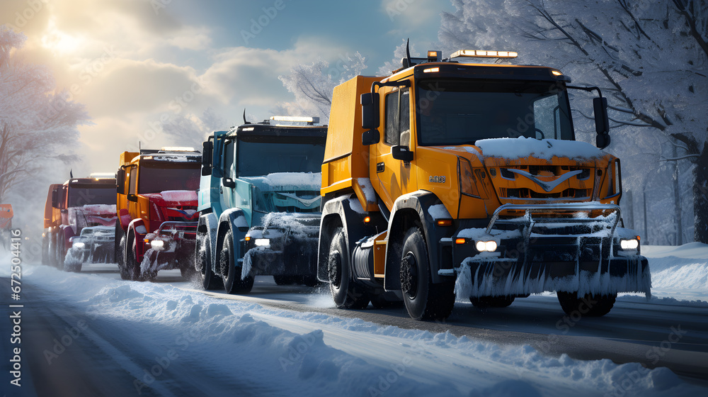 snow covered truck,close up row of different colors snowplows 