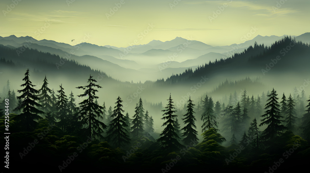 a forest with mountains and trees in the background.a lush forest with towering mountains in the background. Suitable for nature-themed designs, travel brochures, and outdoor-related advertisements.