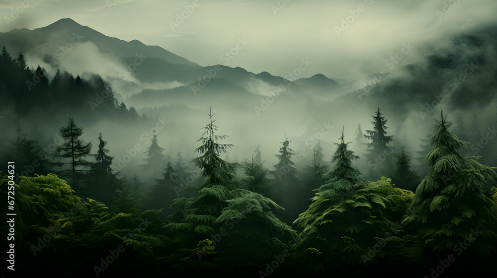 a forest with mountains and trees in the background.a lush forest with towering mountains in the background. Suitable for nature-themed designs, travel brochures, and outdoor-related advertisements.