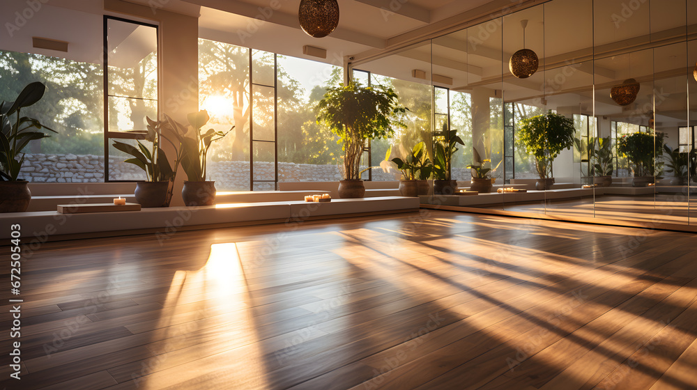 Gym white interior with black yoga mat at sunrise, big windows, no people. Copy space