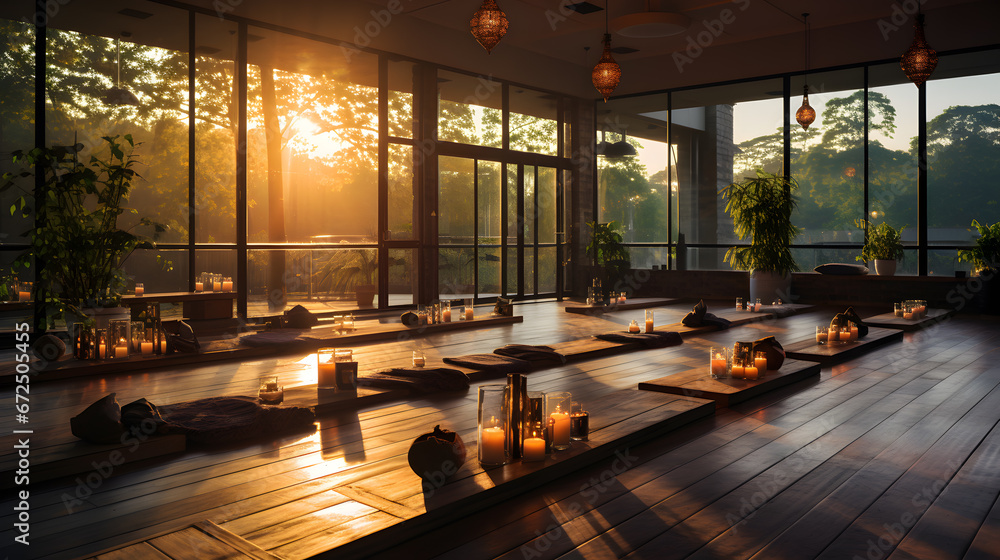 Gym white interior with black yoga mat at sunrise, big windows, no people. Copy space