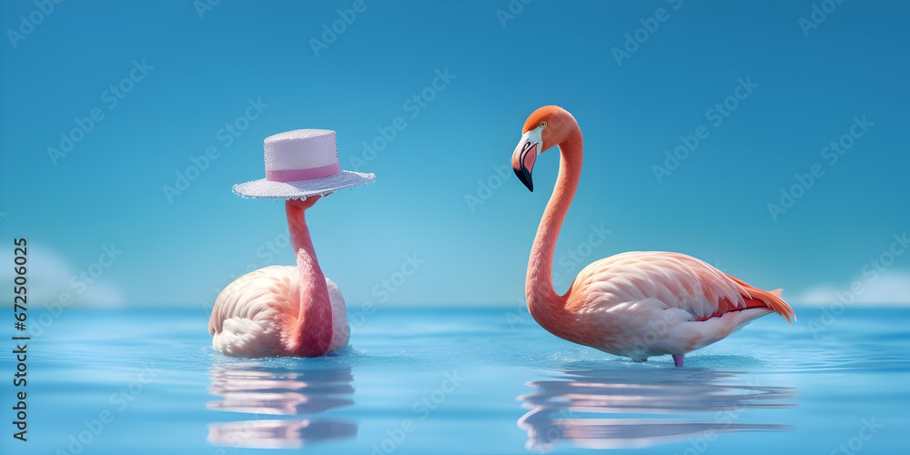 two pink flamingo with hat in the water