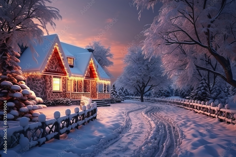 Christmas card with a snowy shining house in the forest at sunset, fabulous magical atmosphere of Christmas. Image.  Generation AI