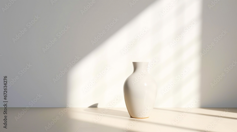 White empty room with vase for flowers, light background with shadows, sunlight Minimalistic concept. Generative AI