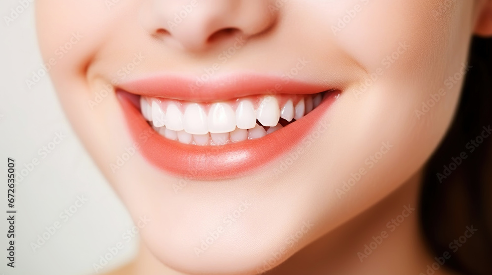 Closeup of beautiful smile of young woman with healthy white teeth. Healthcare concept. Generative AI