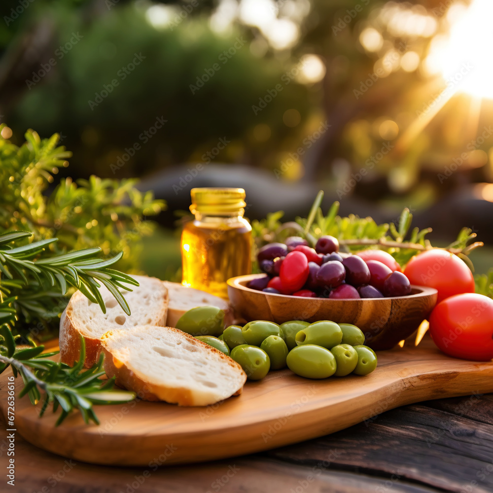 Mediterranean brunch with delicious tomatoes, ciabatta, olives, rosemary and cheese in an olive garden. Generative AI