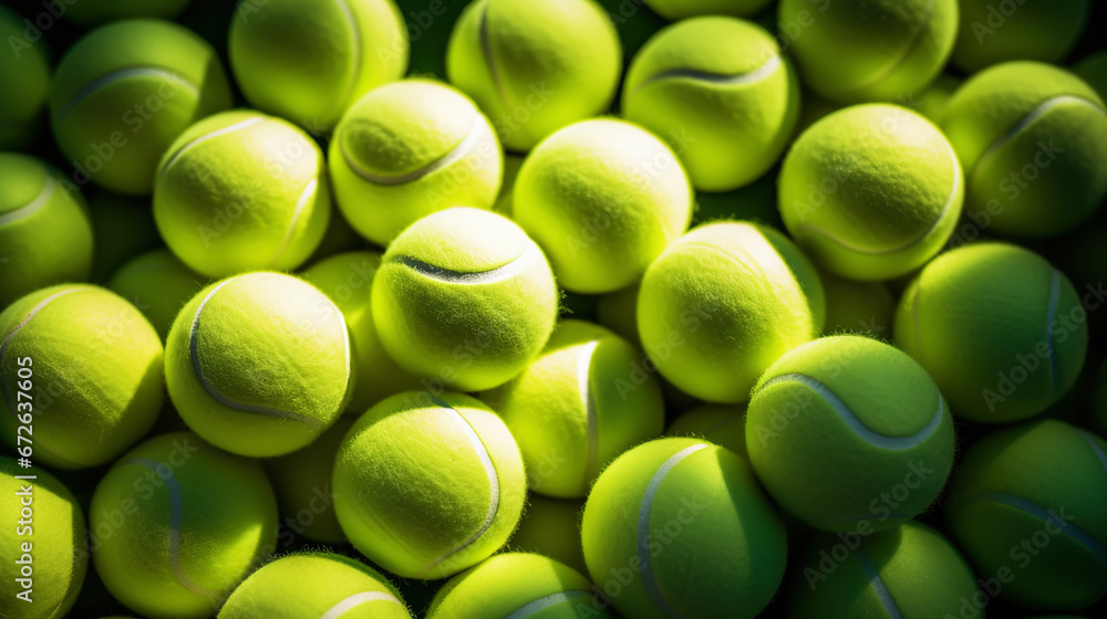 Closeup of a plenty of tennis balls on an empty tennis court, the sunshine. Sports lifestyle concept. Generative AI