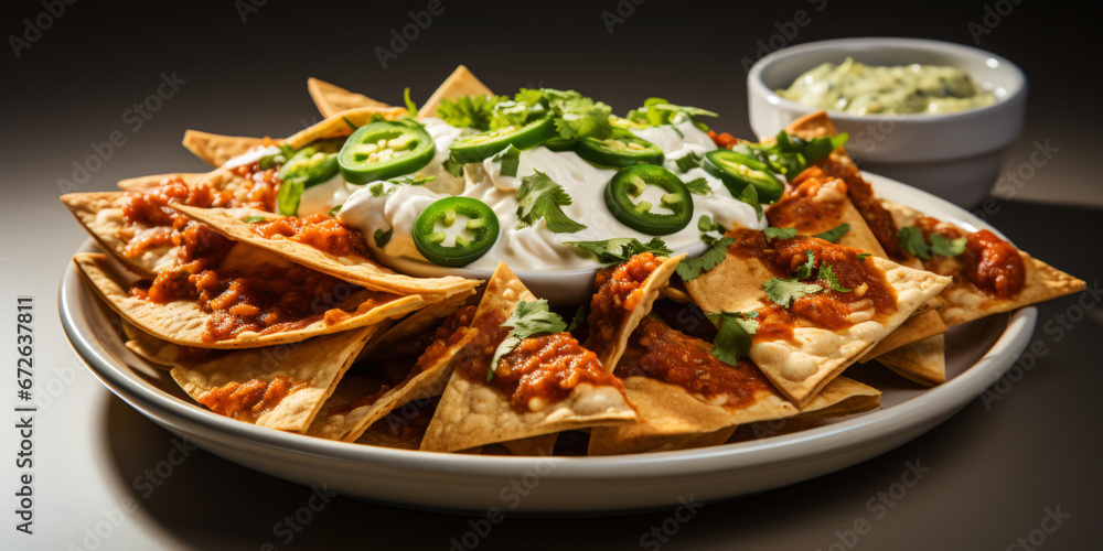 Close up view of nacho tortilla with cream sauce, pepper, spices. Generative AI