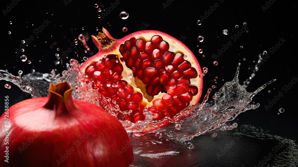 Fresh pomegranates with water splashes on black background. Generative AI