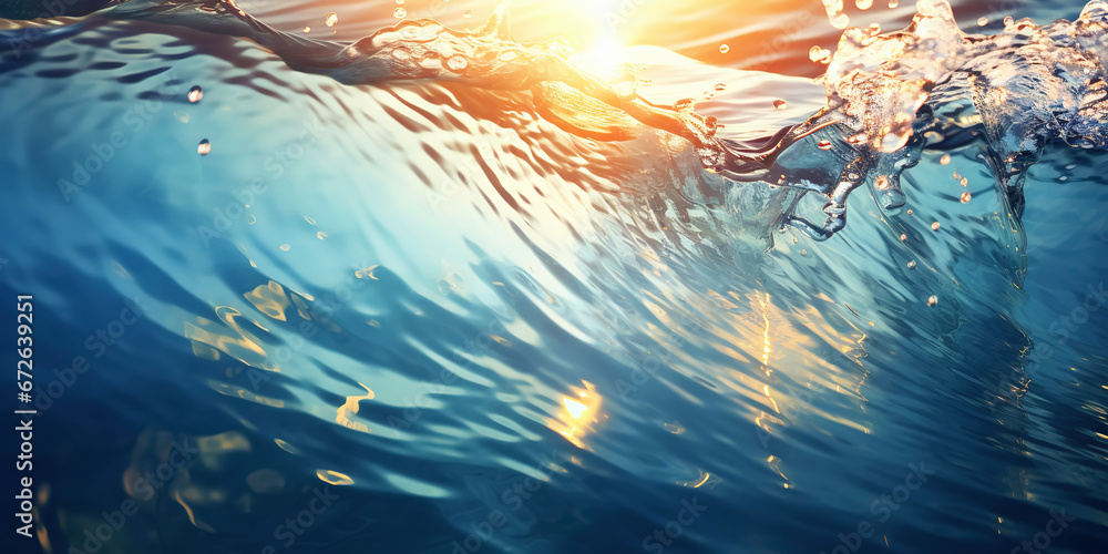 Closeup of the ocean wave. The sea in the light of summer sunset. Travel, vacation concept. Generative AI