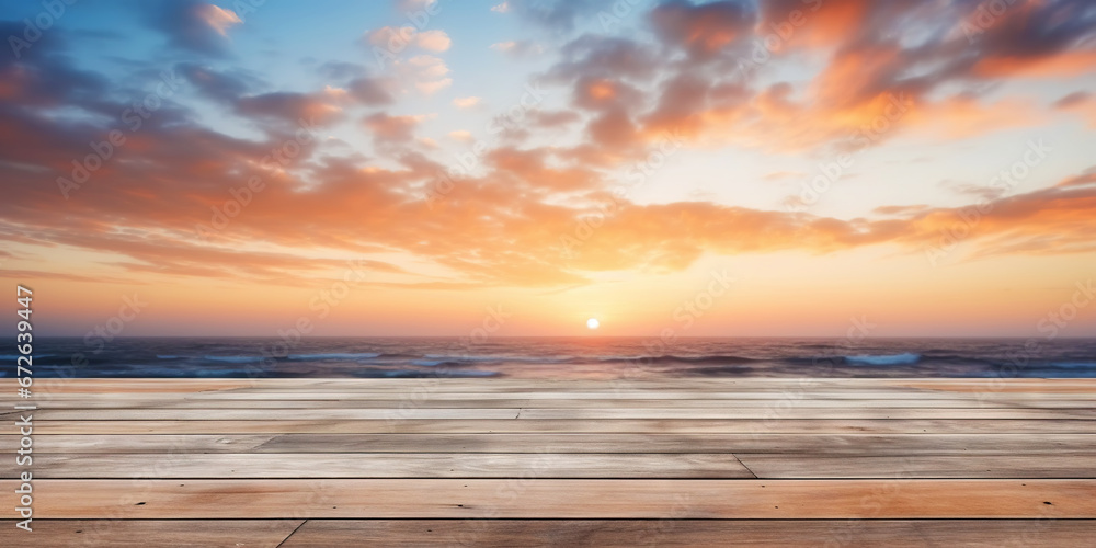 Wood table mockup with sunrise majestic sky background. Empty copy space for product presentation. Generative AI