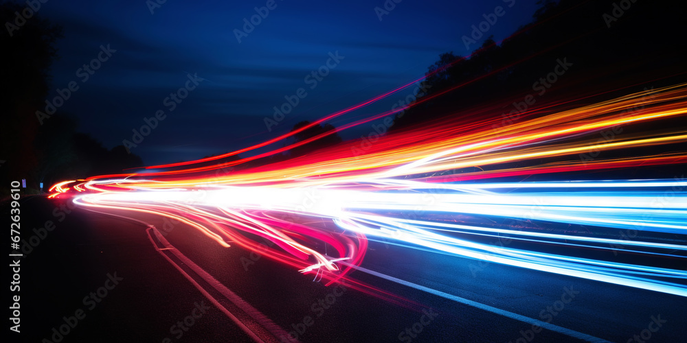 Rush of Twilight: Streaks of Speed. Speed light trails, Colorful glowing swirls. Generative AI