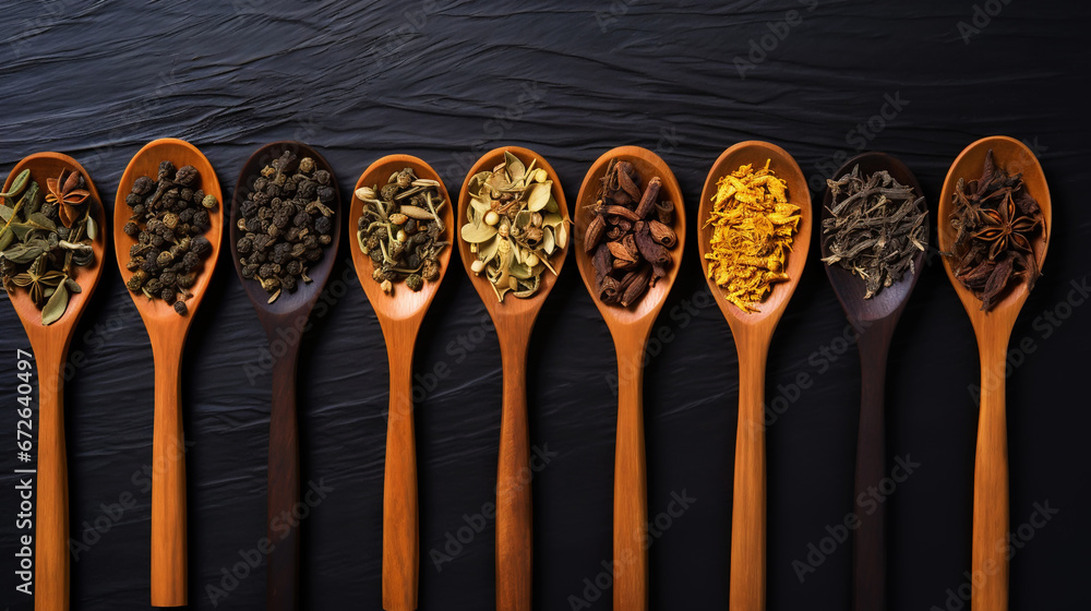 Different types of tea and herbs in vintage wood spoons, top view on dark background. Copy space. Generative AI