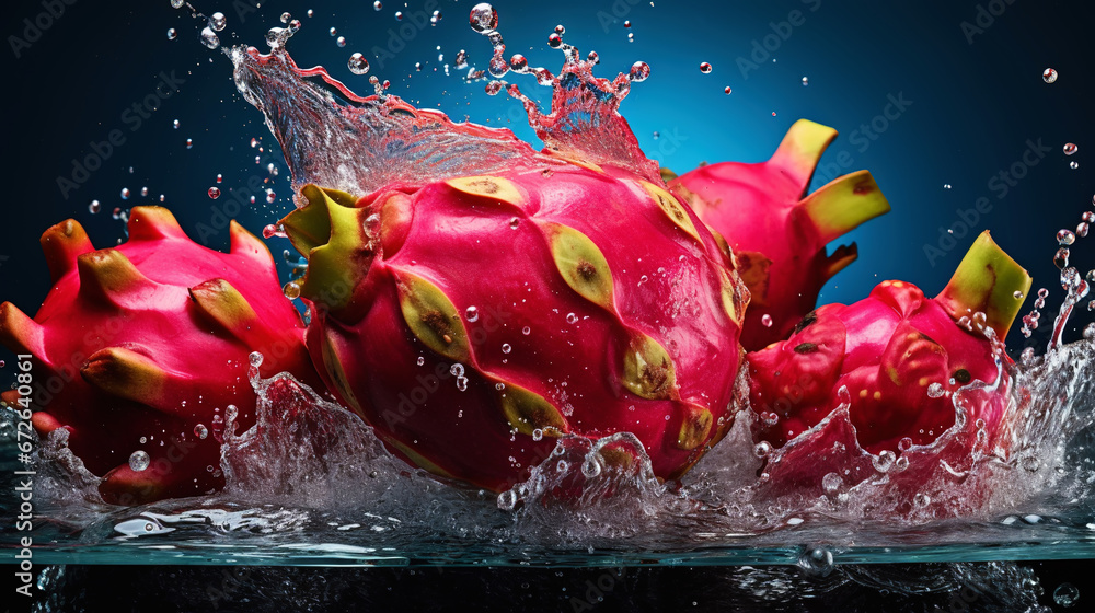 Fresh pitaya with water splashes on dark background. Generative AI