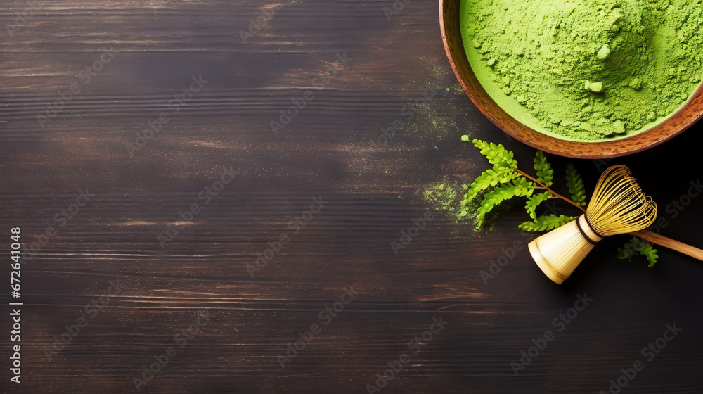 Matcha tea powder in a wooden plate on dark background with whisk, top view, copy space. Generative AI