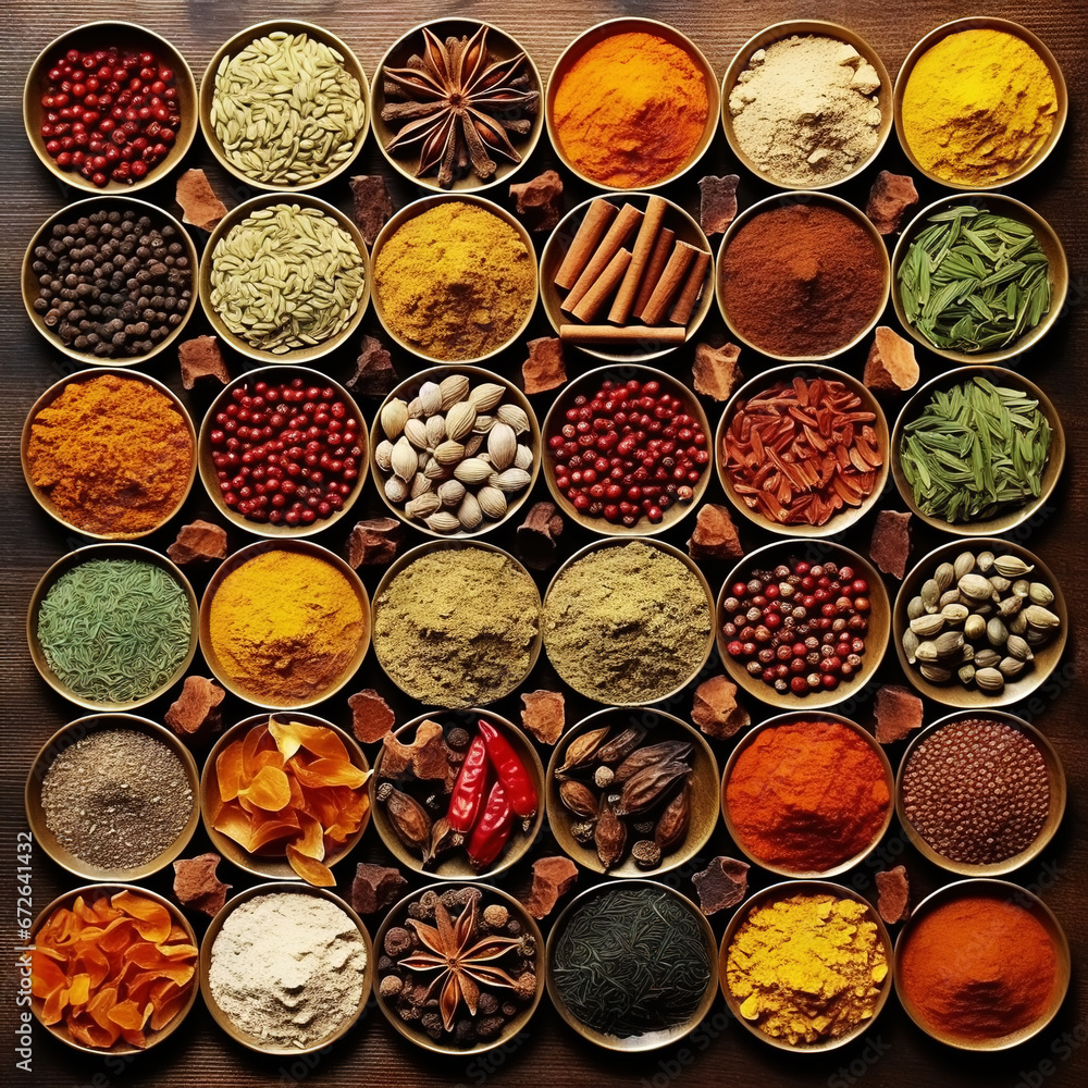 Collection of different aromatic spices and seeds in a wooden cells on black background, view from above. Generative AI