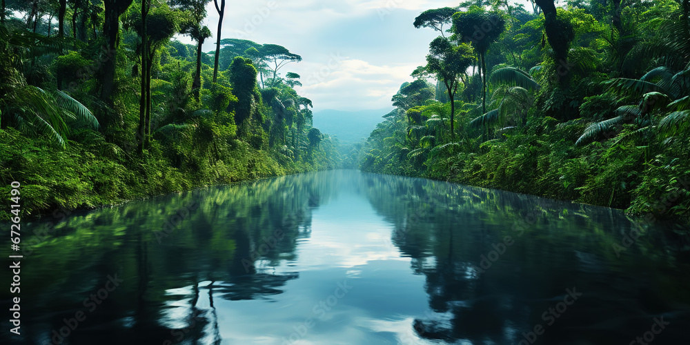 Tropical rainforest around river covered with mist. Generative AI