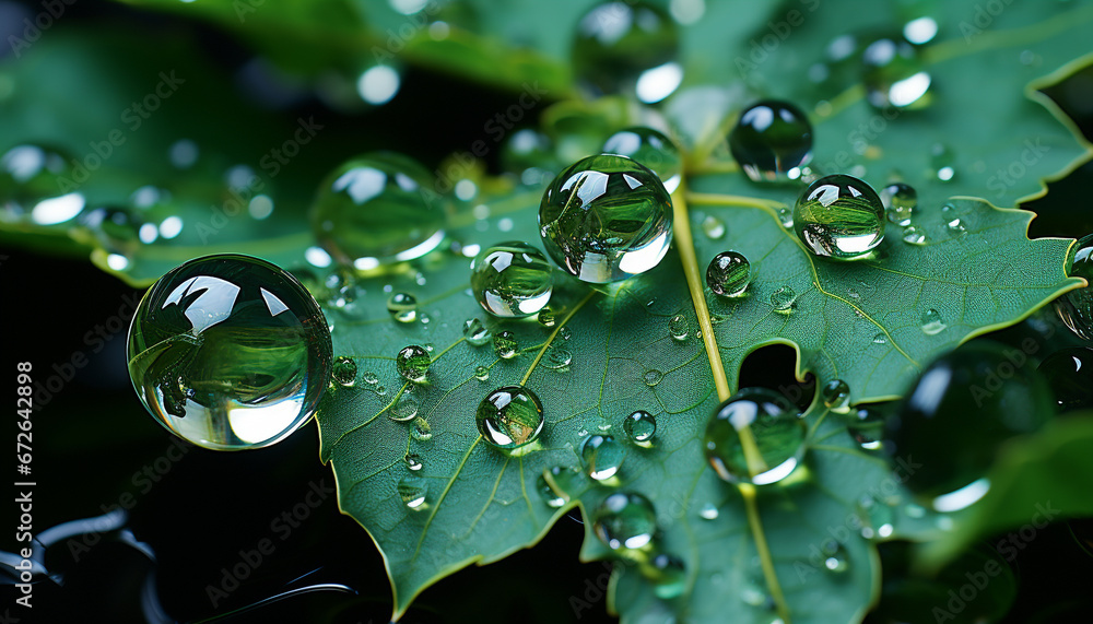 Nature beauty reflected in a dew covered leaf, vibrant and fresh generated by AI