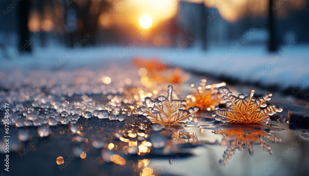 Shiny autumn leaf decoration reflects in defocused water at night generated by AI