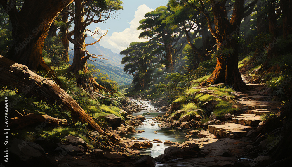 Tranquil scene  green forest, flowing water, mountain range, autumn leaf generated by AI