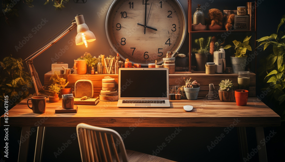 A modern office desk with a computer, clock, and plant generated by AI