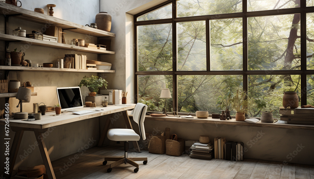 Modern domestic room with wood table, window, and flooring generated by AI