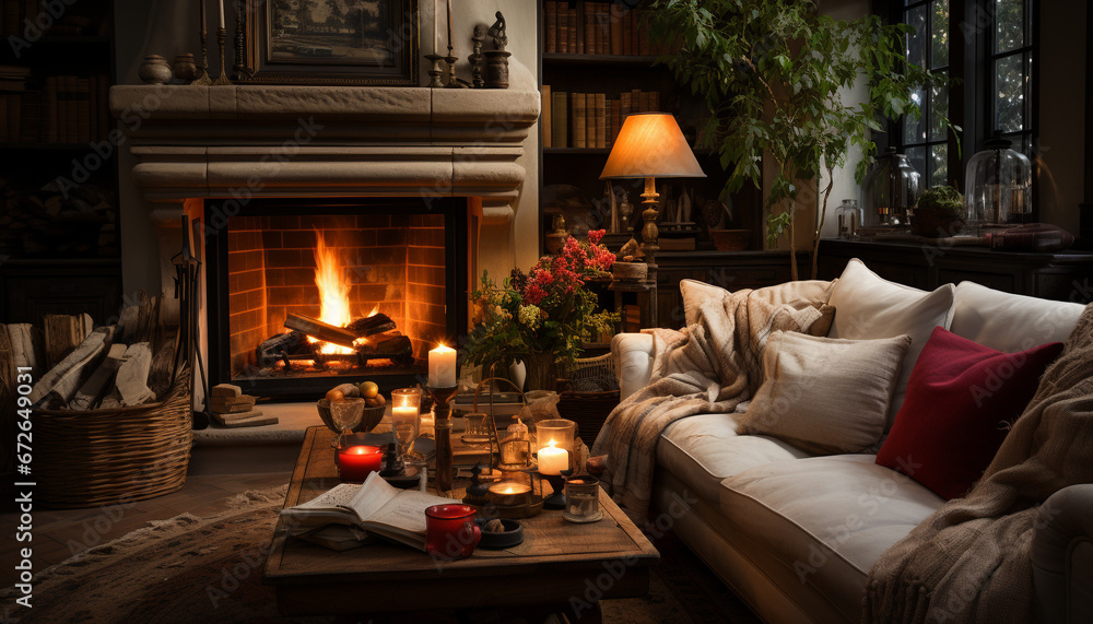 Cozy candlelight illuminates comfortable living room, creating a warm ambiance generated by AI