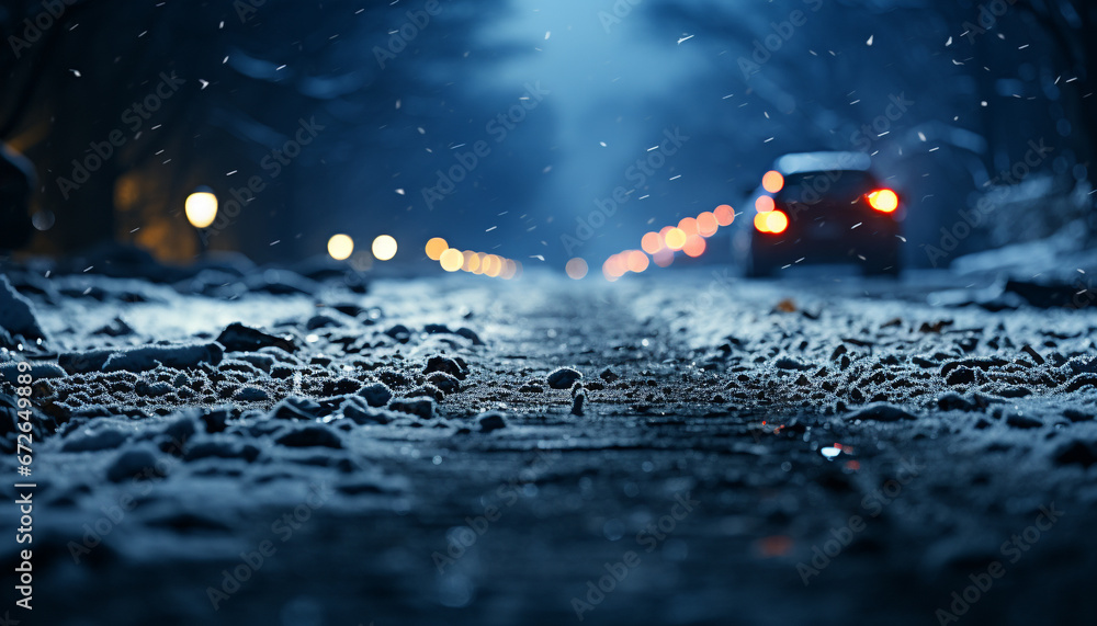 Night car driving in dark rain, wet asphalt generated by AI