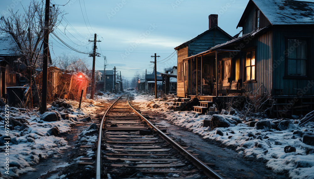 Snow covered railroad track in the winter, old and abandoned, nature transportation generated by AI