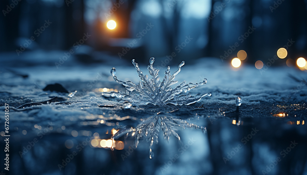 A tranquil winter night, nature beauty reflected in defocused water generated by AI