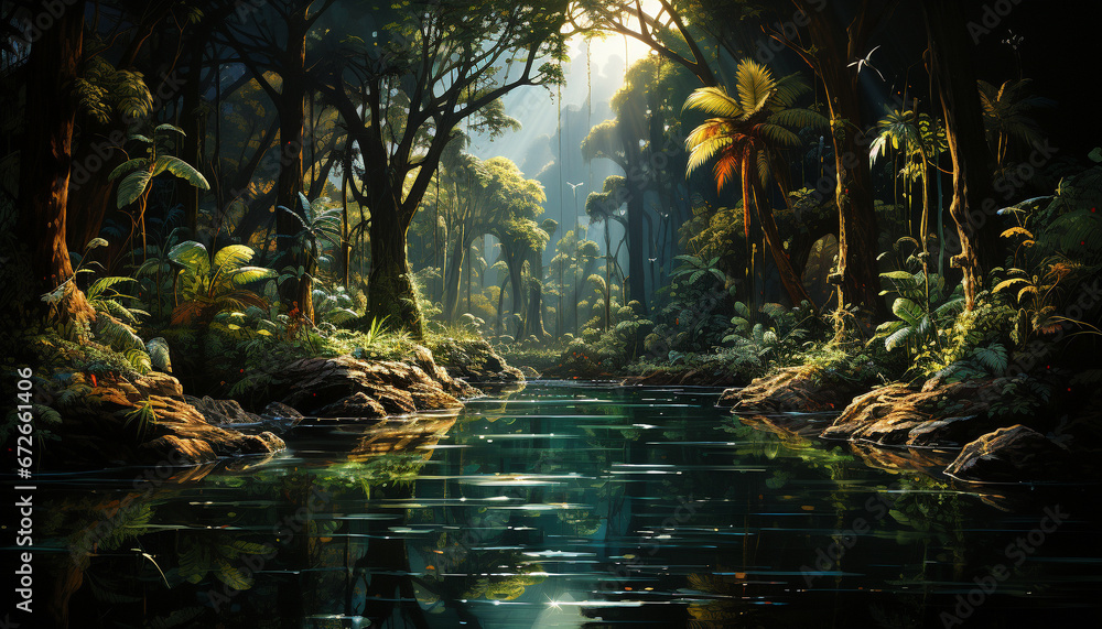 Tranquil scene  nature beauty reflected in a mysterious, dark forest generated by AI