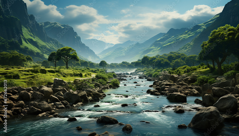 Majestic mountain peak reflects in tranquil flowing water, a scenic beauty generated by AI