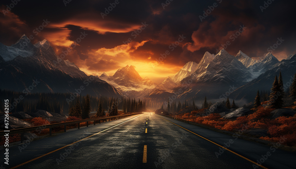 Majestic mountain range, tranquil sunset, vanishing point in nature beauty generated by AI