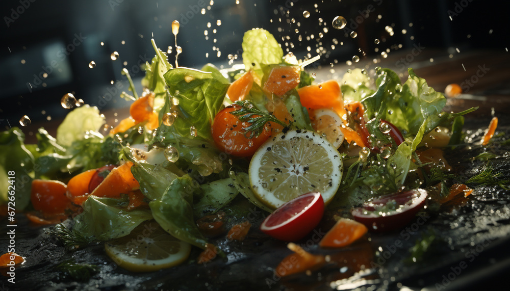 Freshness on a plate  Tomato, salad, gourmet, vegetarian, organic, seafood, grilled generated by AI