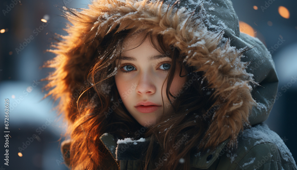 Smiling winter beauty, cute girl in warm clothing, looking cheerful generated by AI