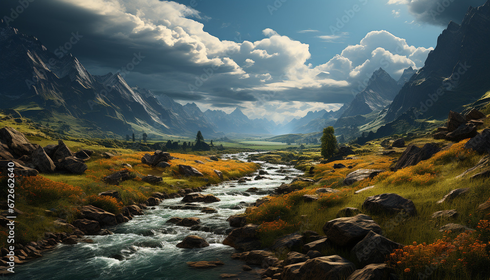 Majestic mountain peak reflects in tranquil water, creating idyllic landscape generated by AI