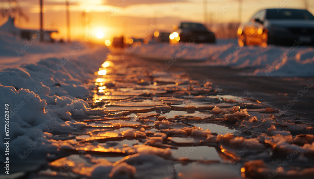 Sunset over a snowy landscape, a frozen beauty in nature generated by AI