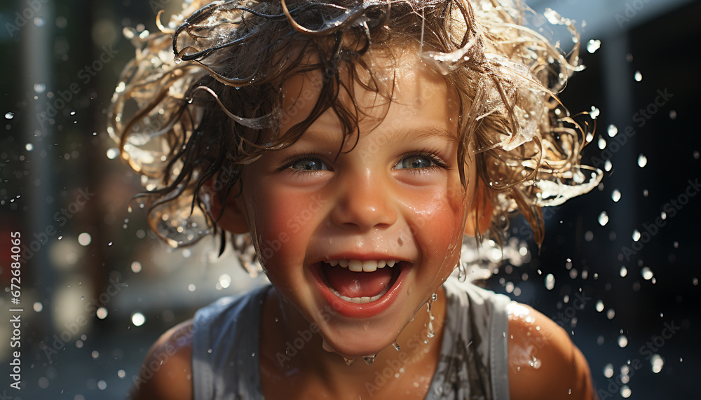 Smiling child playing in the rain, joyful and carefree generated by AI