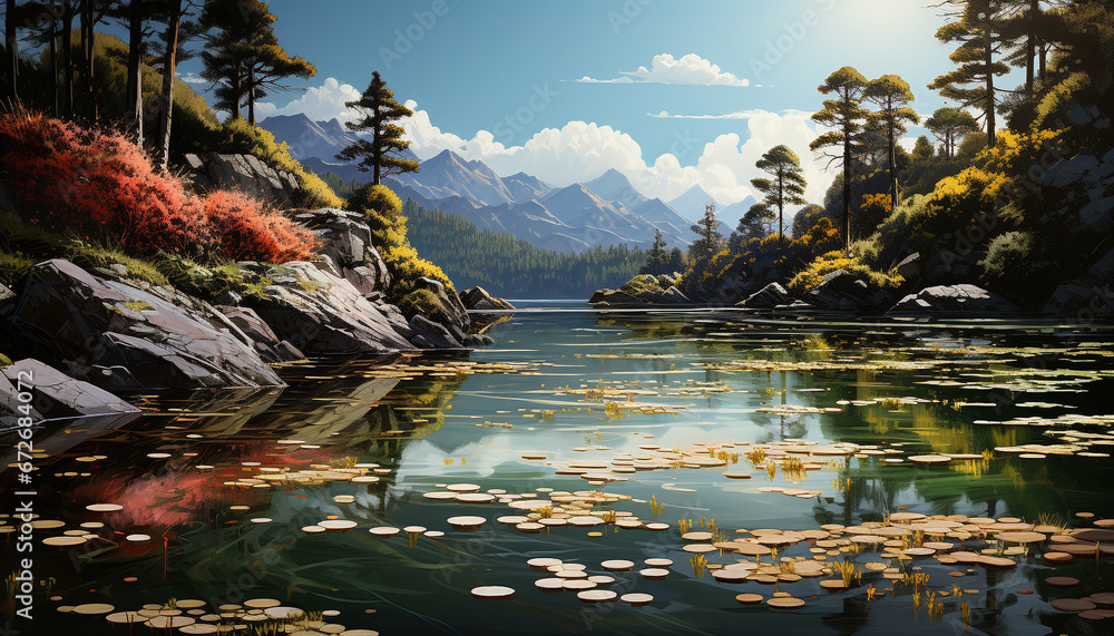 Tranquil scene  mountain peak reflects in serene pond, surrounded by forest generated by AI